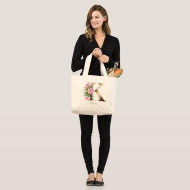 Letter K Elegant Floral Gold Monogram Pink Roses Large Tote Bag