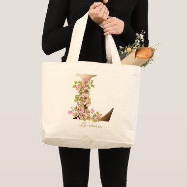 Letter L Elegant Floral Gold Monogram Large Tote Bag