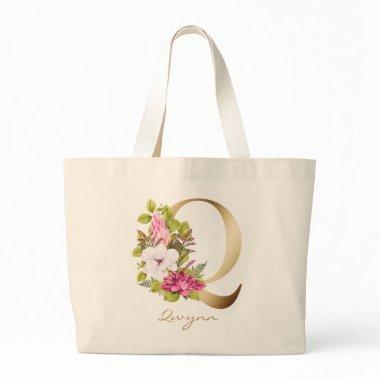 Letter Q Elegant Gold Floral Monogram Large Tote Bag