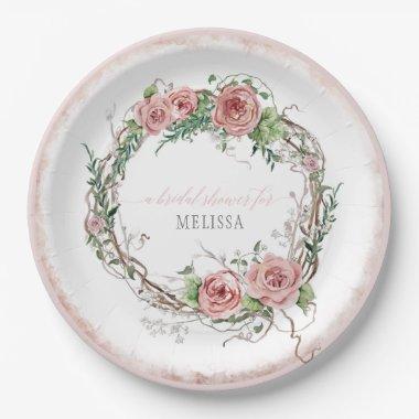 Lg Size Bridal Shower Rustic Wreath Rose Branch Paper Plates