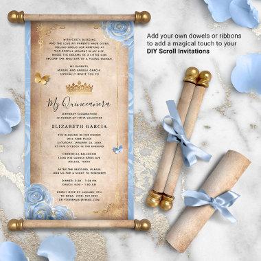 Light Baby Blue Gold Quince DIY Scroll Invitations