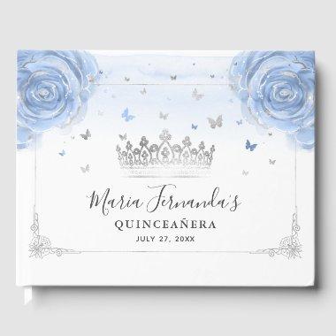 Light Baby Blue Roses and Elegant Silver Crown Guest Book