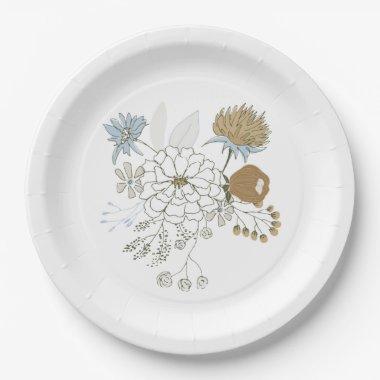 Light blue grey tan summer florals paper plates