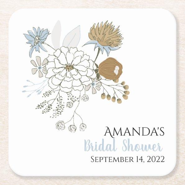 Light blue grey tan summer florals square paper coaster