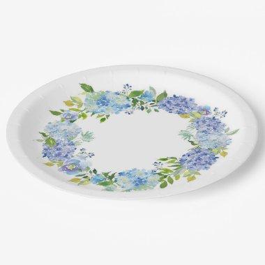 Light Blue Hydrangeas Floral Wedding Party Paper Plates