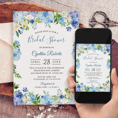 Light Blue Hydrangeas Floral Wreath Bridal Shower Invitations