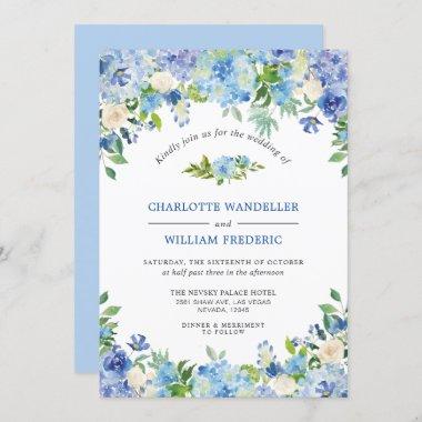Light Blue Hydrangeas Greenery Watercolor Wedding Invitations
