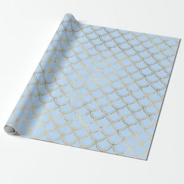 Light Blue Metallic Gold Mermaid Scale Pattern Wrapping Paper