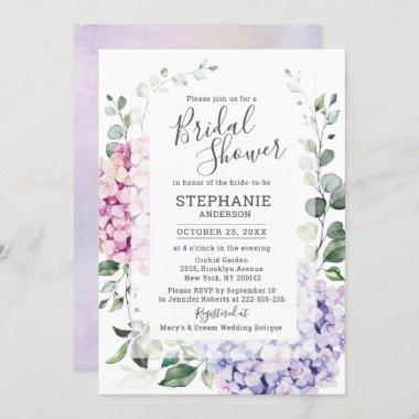 Light Blue Pink Hydrangea Eucalyptus Bridal Shower Invitations