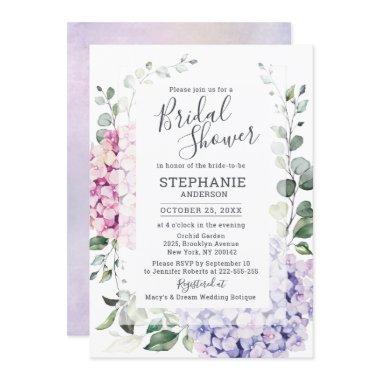 Light Blue Pink Hydrangea Eucalyptus Bridal Shower Invitations