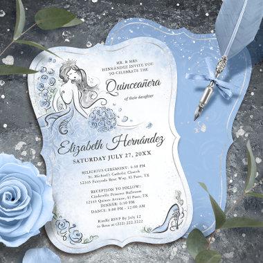 Light Blue Silver Princess Quinceanera Birthday Invitations