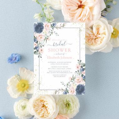 Light Dusty Blue Blush Pink Gold Floral Shower Invitations