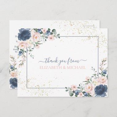 Light Dusty Blue Blush Pink Gold Floral Thank You PostInvitations