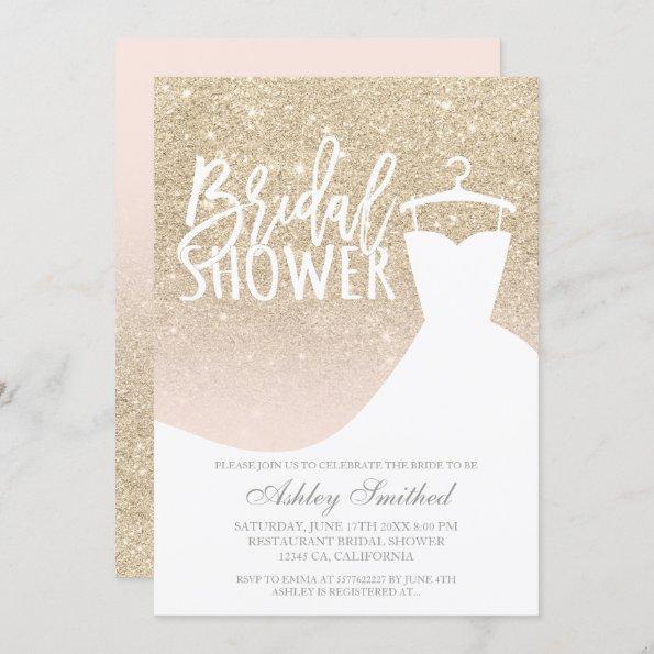 Light gold glitter blush dress Bridal shower Invitations