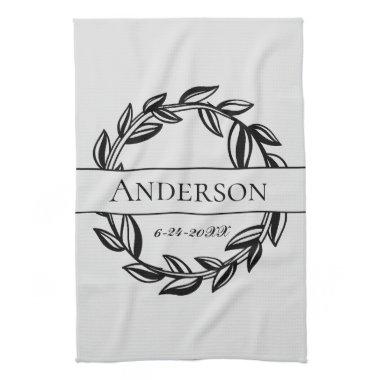 Light Gray and Black Leaf Family Name Wedding Date Kitchen Towel