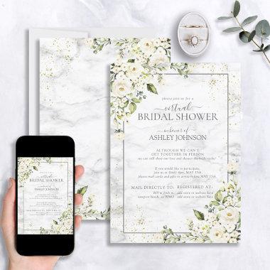 Light Gray White Floral Gold Marble Virtual Shower Invitations