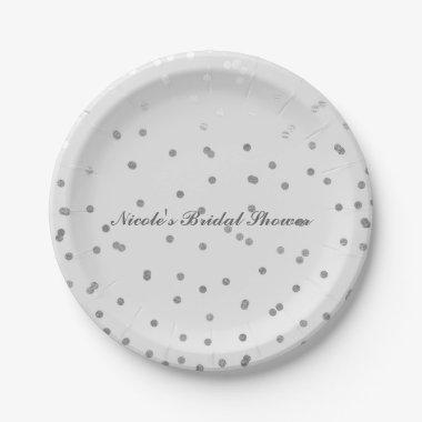 Light Grey & Silver Confetti Dots Bridal Shower Paper Plates