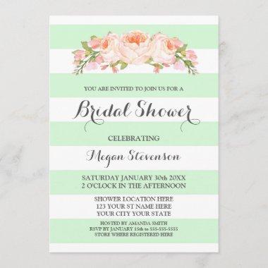 Light Mint Stripes Watercolor Floral Bridal Shower Invitations