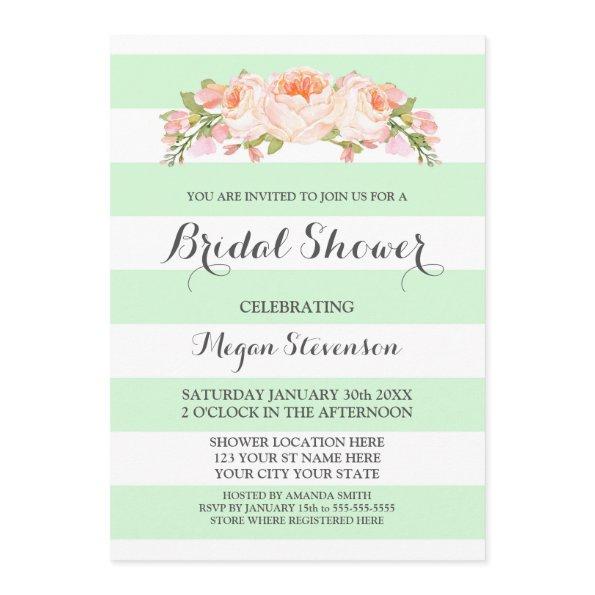 Light Mint Stripes Watercolor Floral Bridal Shower Invitations