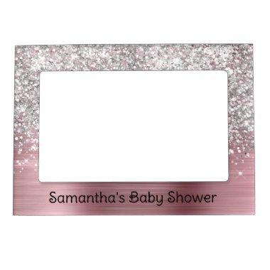Light Pink and Glittery Silver Glam Baby Shower Magnetic Frame