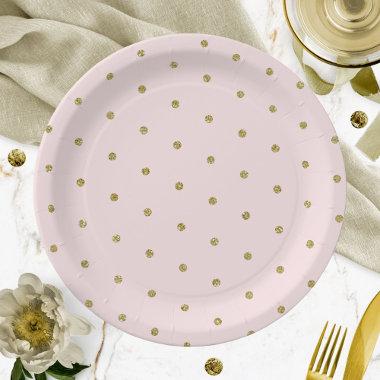 Light Pink Gold Glitter Polka Dot Pattern Paper Plates