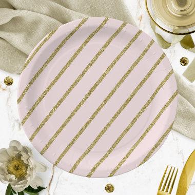 Light Pink Gold Glitter Stripe Pattern Paper Plates