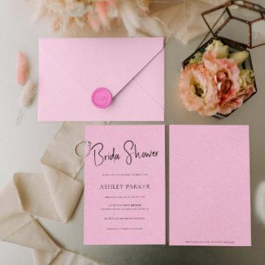 Light Pink Linen Simple Black Script Bridal Shower Invitations