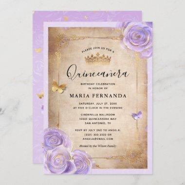 Light Purple and Gold Rose Elegant Quinceanera Invitations