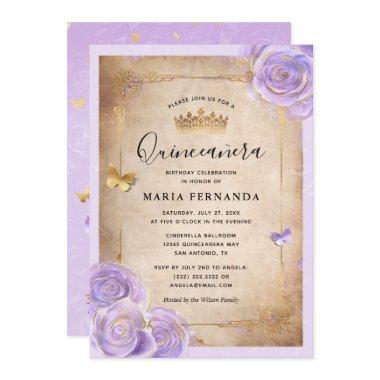 Light Purple and Gold Rose Elegant Quinceanera Invitations