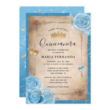 Light Sky Blue and Gold Rose Elegant Quinceanera Invitations