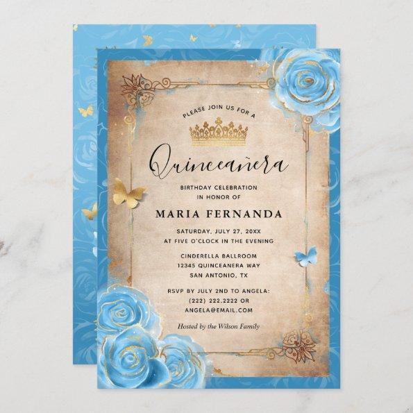 Light Sky Blue and Gold Rose Elegant Quinceanera Invitations