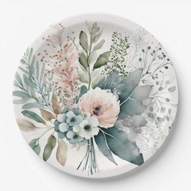 Light Terracotta and Sage Green Peonies Wedding Paper Plates