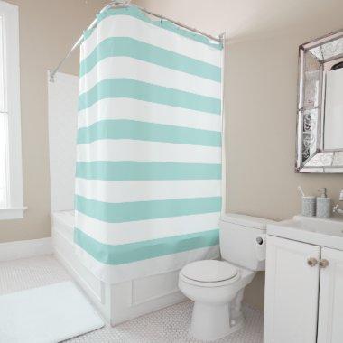 Light Turquoise and White Wide Horizontal Striped Shower Curtain