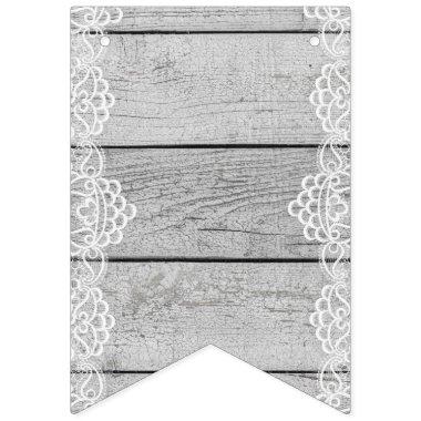 Light Wooden Panel with White Lace. Bunting Flags