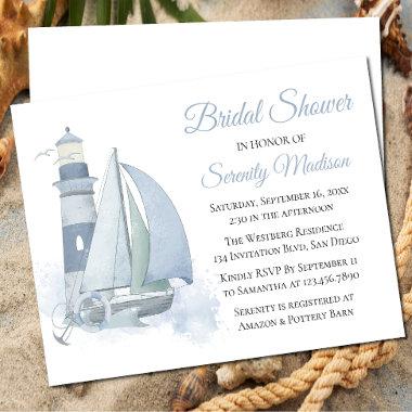 Lighthouse Blue Watercolor Nautical Bridal Shower Invitations