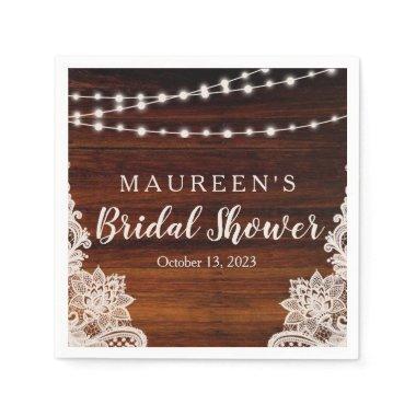 Lights and Lace Rustic Wood Bridal Shower Paper Napkins