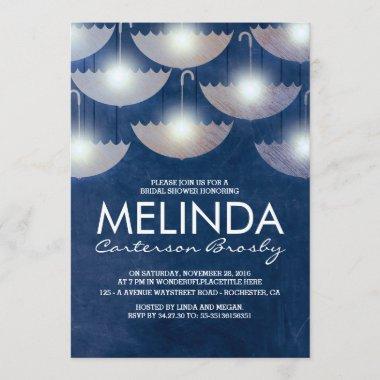 Lights and Umbrellas Navy Blue Bridal Shower Invitations