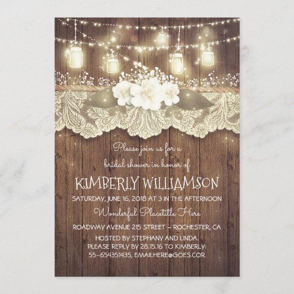 Lights Mason Jars Lace Wood Rustic Bridal Shower Invitations