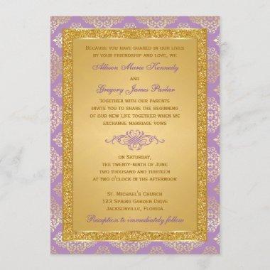 Lilac, FAUX Glitter, Damask Wedding Invitations