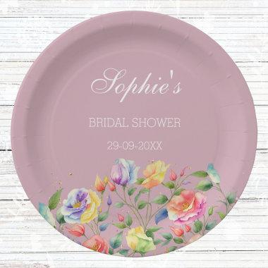 Lilac Flowers Pink Peach Roses Bridal Shower Paper Plates