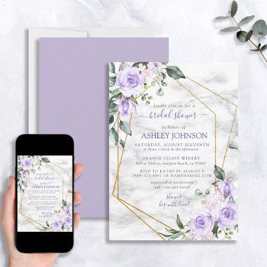 Lilac Lavender Gold Marble Floral Bridal Shower Invitations