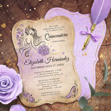 Lilac Lavender Gold Princess Quinceanera Birthday Invitations