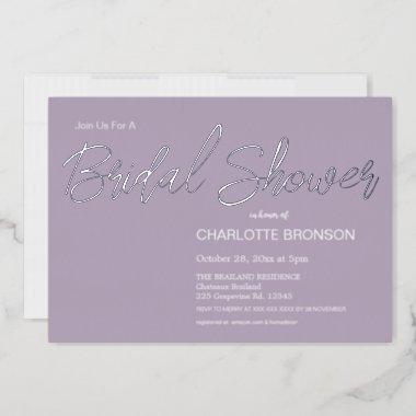 Lilac Minimalist Script Bridal Shower Silver Foil Invitations