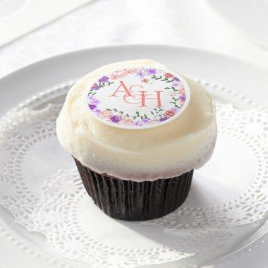 Lilac, Peach Rose Vine Wreath Monogram Cupcake Edible Frosting Rounds