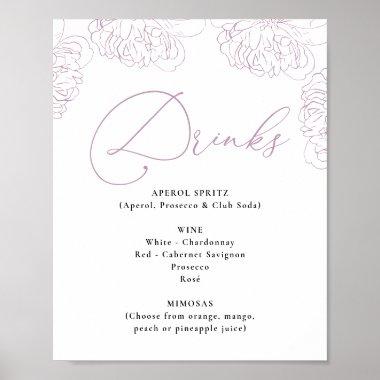Lilac Peonies Floral Bridal Shower Drinks Menu Poster