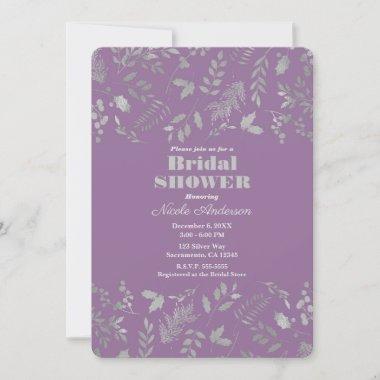 Lilac Purple Silver Leaves Botanical Bridal Shower Invitations