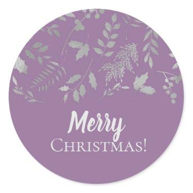 Lilac Purple Silver Leaves Botanical Holiday Party Classic Round Sticker