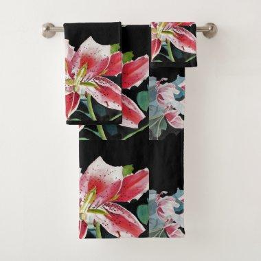 Lily Red lillies Watercolor Painting Floral flower Bath Towel Set