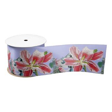 Lily Watercolor Red Oriental floral Lilac Purple Satin Ribbon