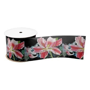 Lily Watercolor Red Oriental floral Satin Ribbon